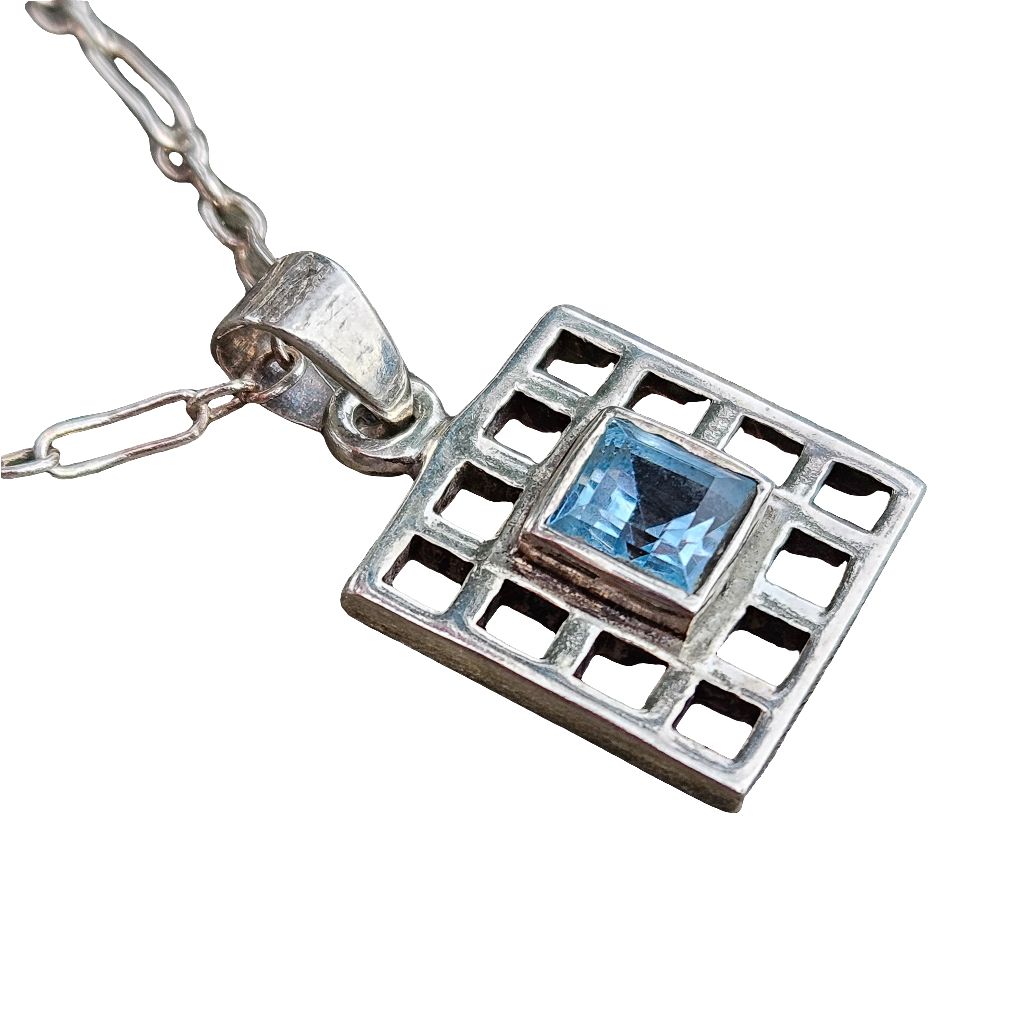 Sterling Silver Geometric Square Blue Gemstone Pendant Necklace