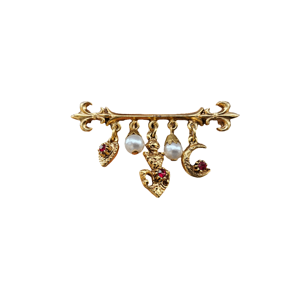 Vintage Florenza Charm Bar Brooch Gold Pearl Red Jewellery Jewelry