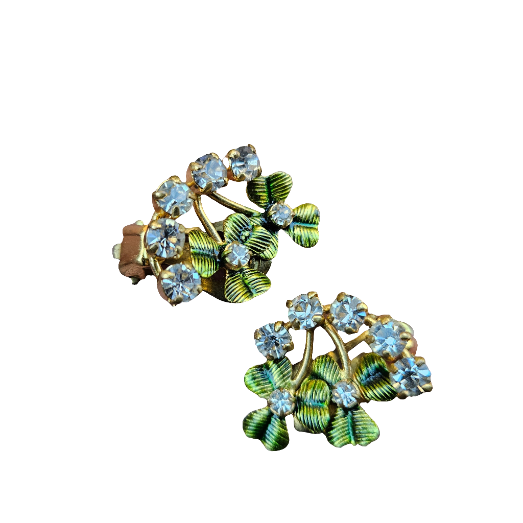 Rhinestone Green Gold Enamel Lucky Clover Clip On Earrings Vintage Jewellery
