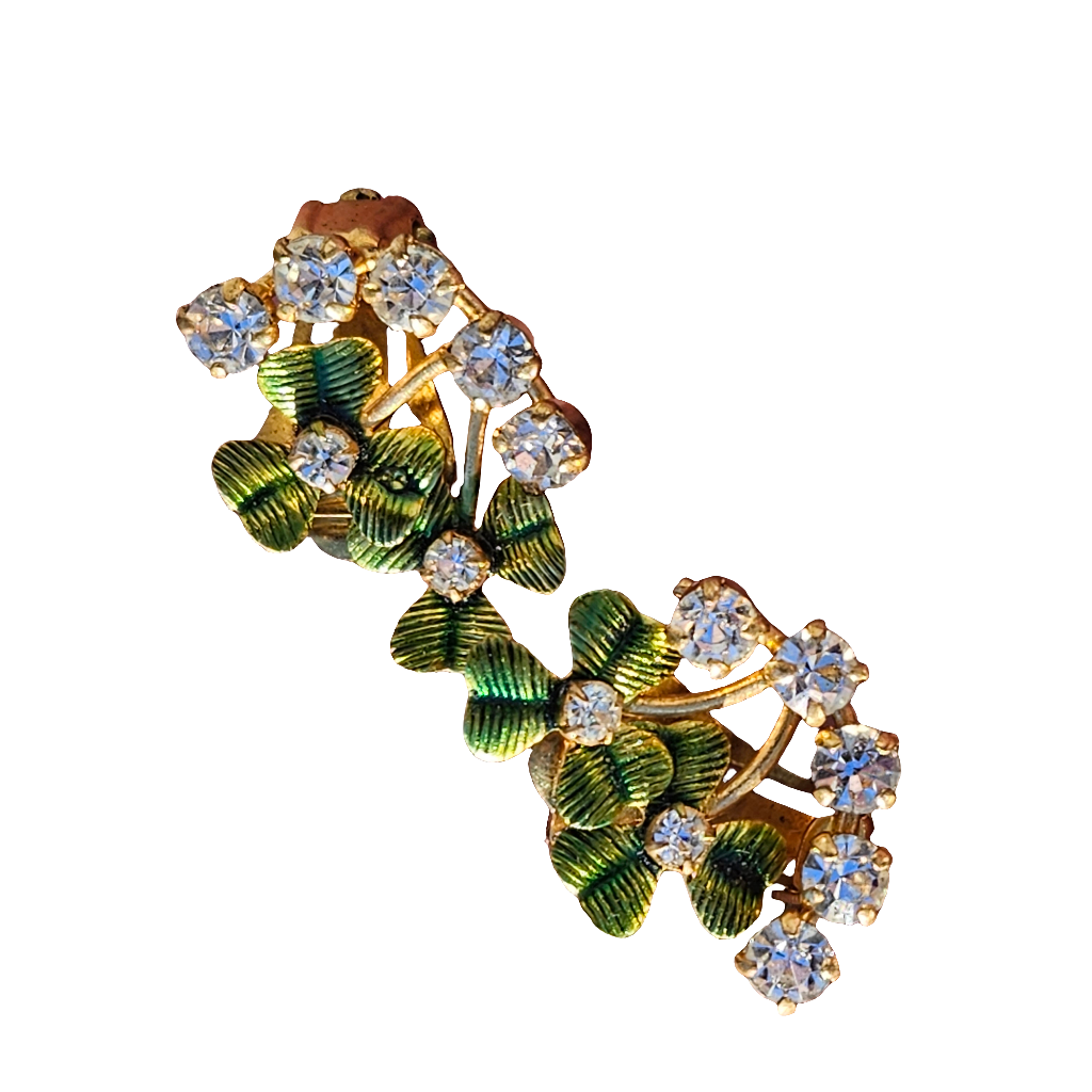 Rhinestone Green Gold Enamel Lucky Clover Clip On Earrings Vintage Jewellery