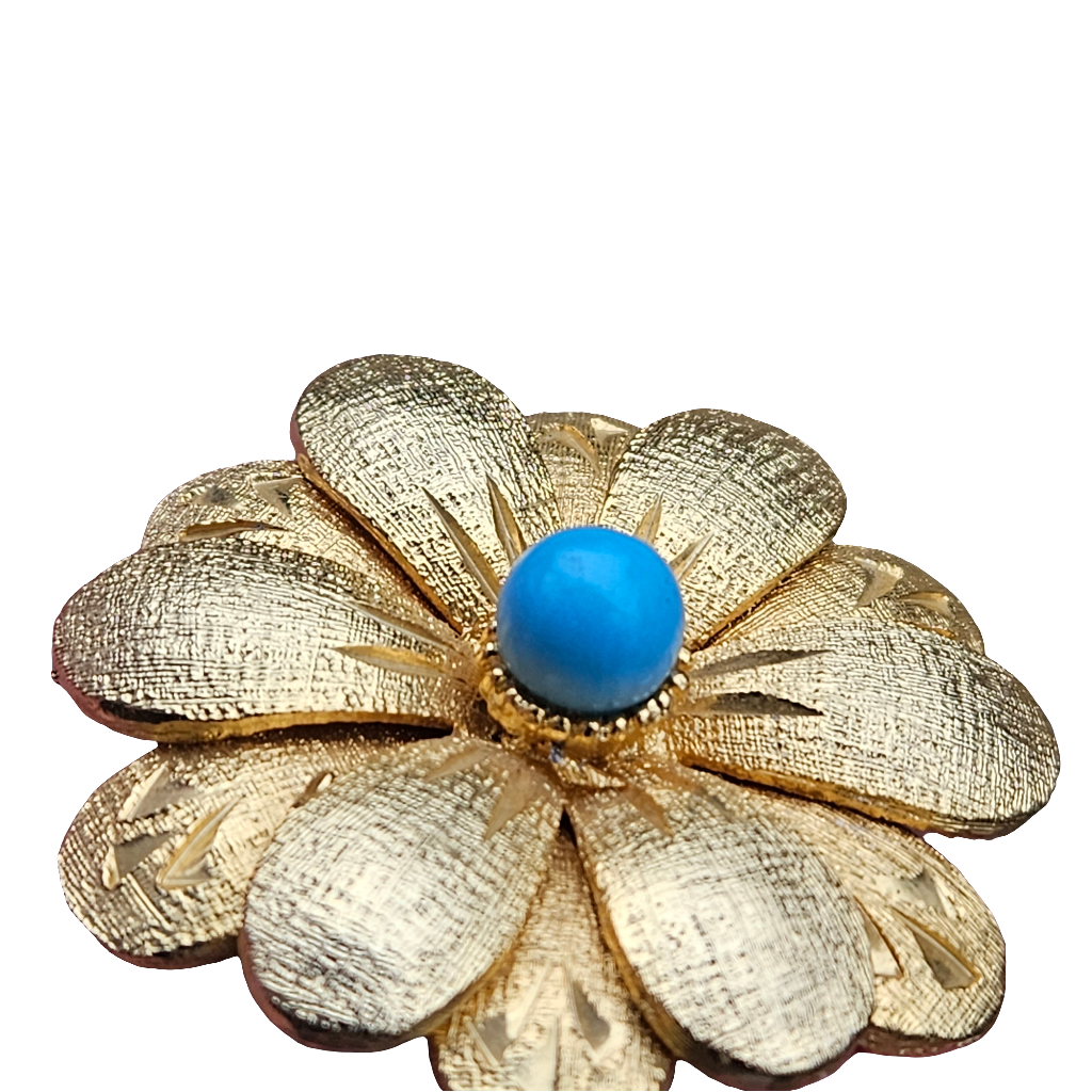 Vintage Matte Gold Turquoise Flower Brooch Designer Pin Numbered