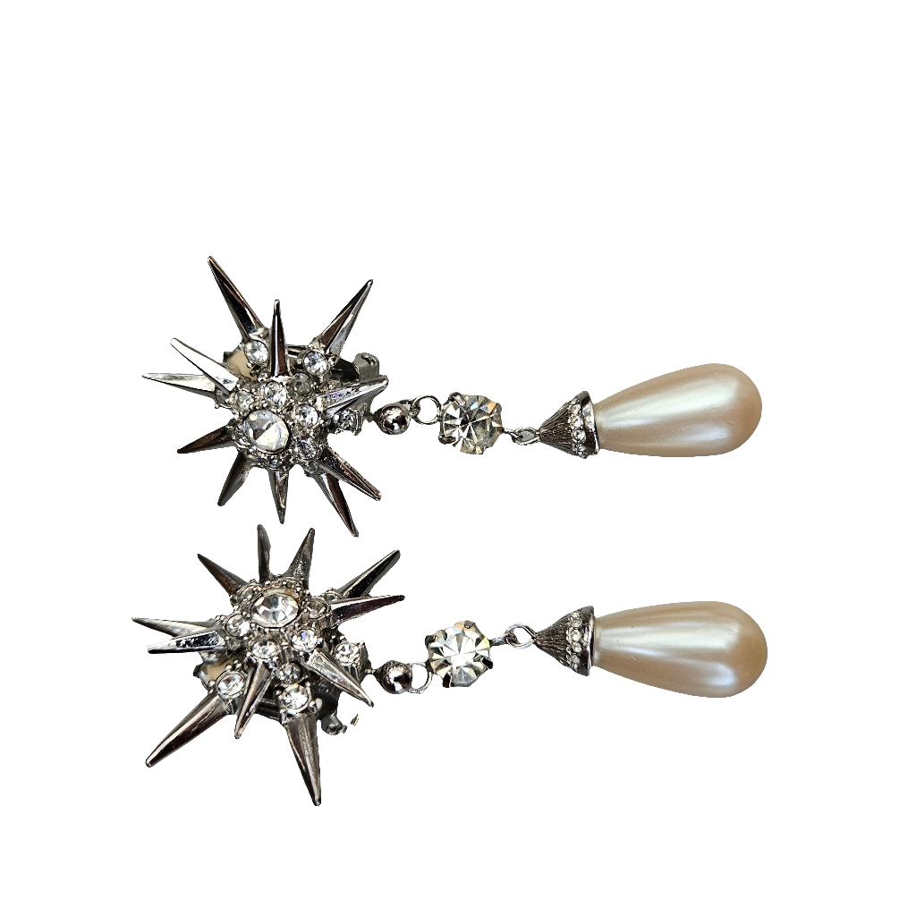 2 Piece Night And Day Butler Earrings Clip On Studs Pearl Drop Dangle Starburst Atomic