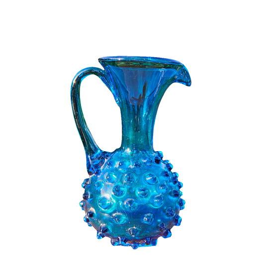 Aqua Blue Hobnail Glass Jug Vase Vintage Vibrant Mid Century Decor