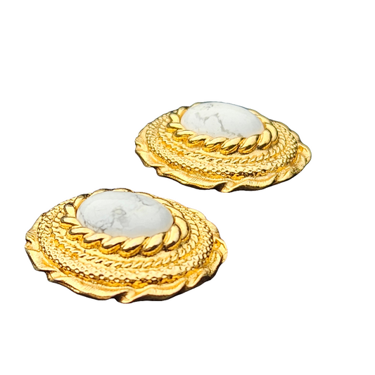 High End Earrings Pierced Gold  Marble Stone Cabochon 80s Studs Stylish Jewellery