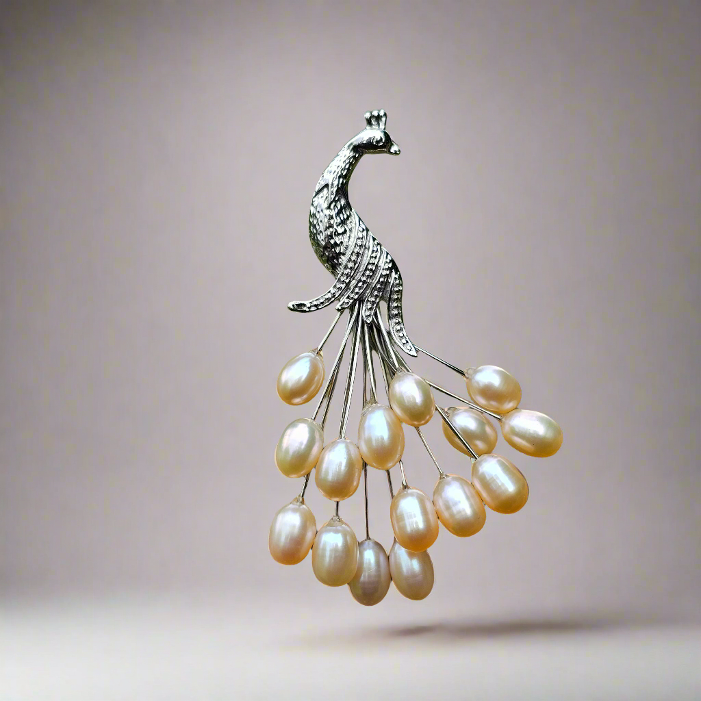 Silver Real Pink Pearl Peacock Brooch Bridal Jewellery Vintage