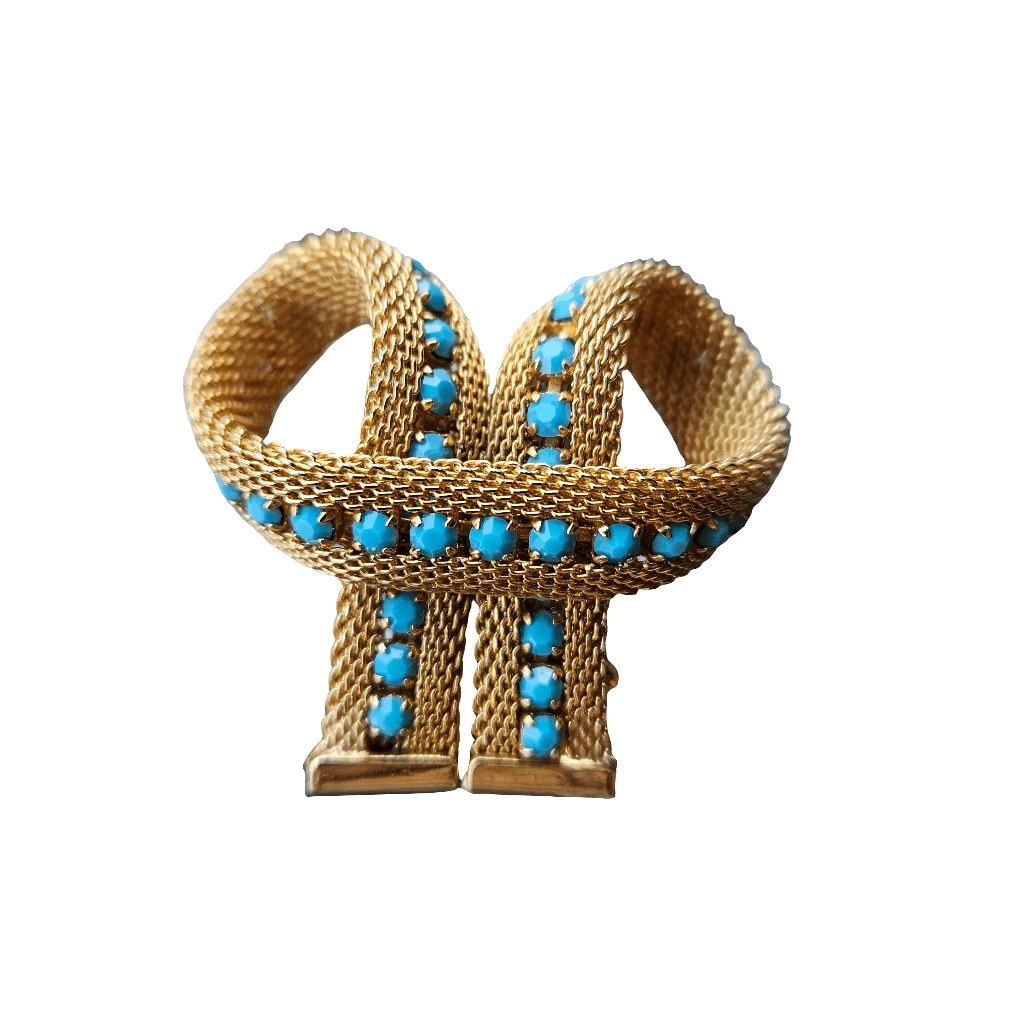 Turquoise Brooch Gold Mesh Bow Designer Jewellery 70s 80s