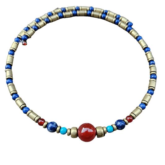 Egyptian Style Vintage Choker Lapis Lazuli Turquoise Brass Bronze Necklace Carnelian