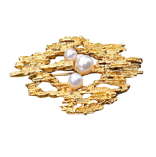 Brutalist Gold Tone Vintage Pearl Brooch Designer Jewellery