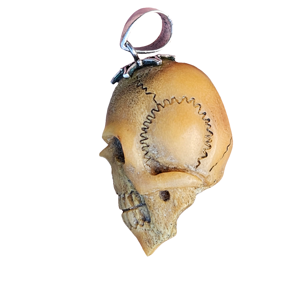 Large Carved Bone Skull Pendant For Necklace 925 Antique Memento Mori Jewellery