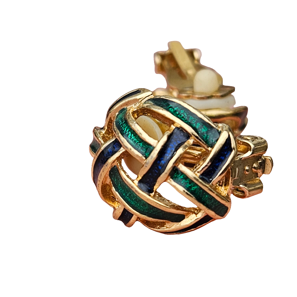 Vintage Enamel Clip On Earrings Lattice Blue Green Gold Jewellery 80s