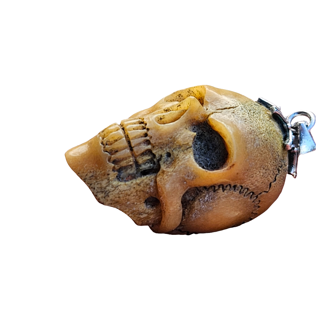 Large Carved Bone Skull Pendant For Necklace 925 Antique Memento Mori Jewellery