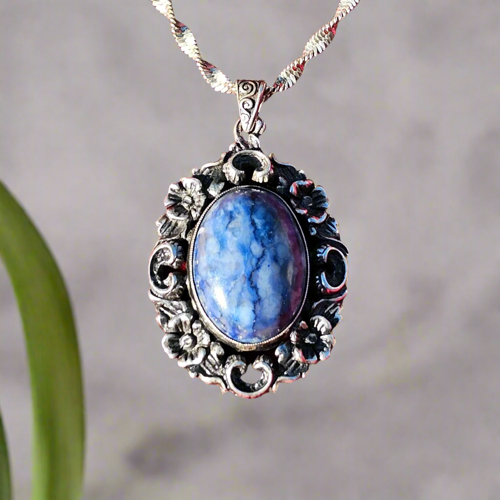 Vintage Sterling Silver Pendant Lapis Lazuli Necklace Large Antique