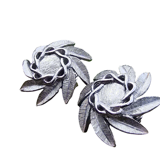 Trifari Vintage Silver Plated Clip On Earrings Leaf Flower