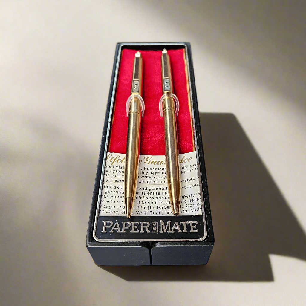 RARE Set Vintage Papermate Twin Hearts Gold Ball Point Pen Pencil