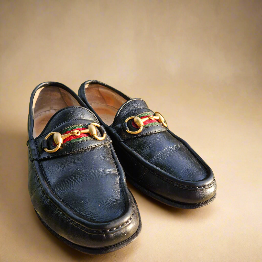 Genuine Gucci Horsebit Loafers Vintage Shoes Black Leather Size 39