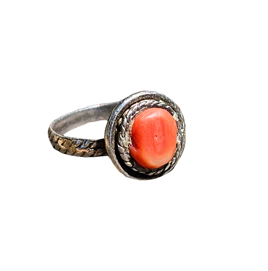 Sterling Silver Ring Hard Coral Cabouchon Vintage Boho