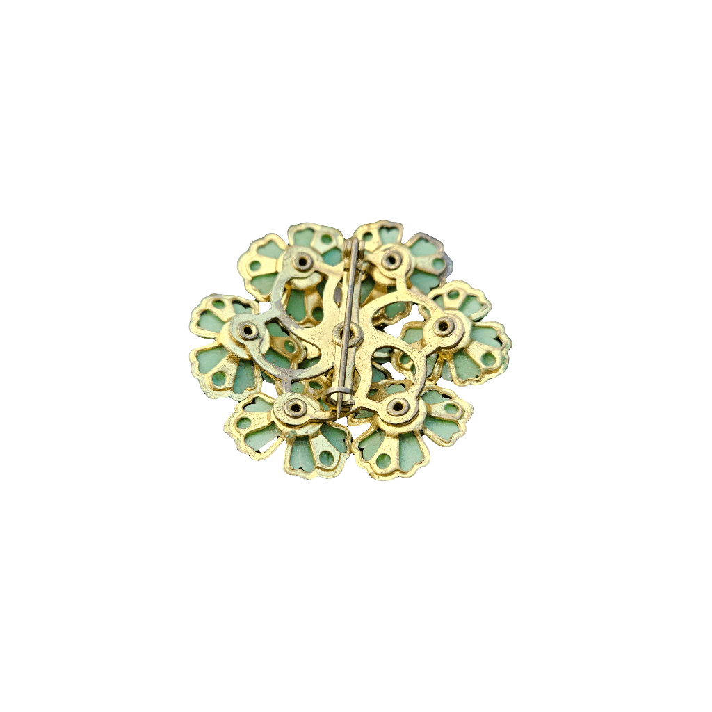 Antique Brooch Pastel Flowers Emerald Green Rhinestone Vintage Pin Jewellery Brass