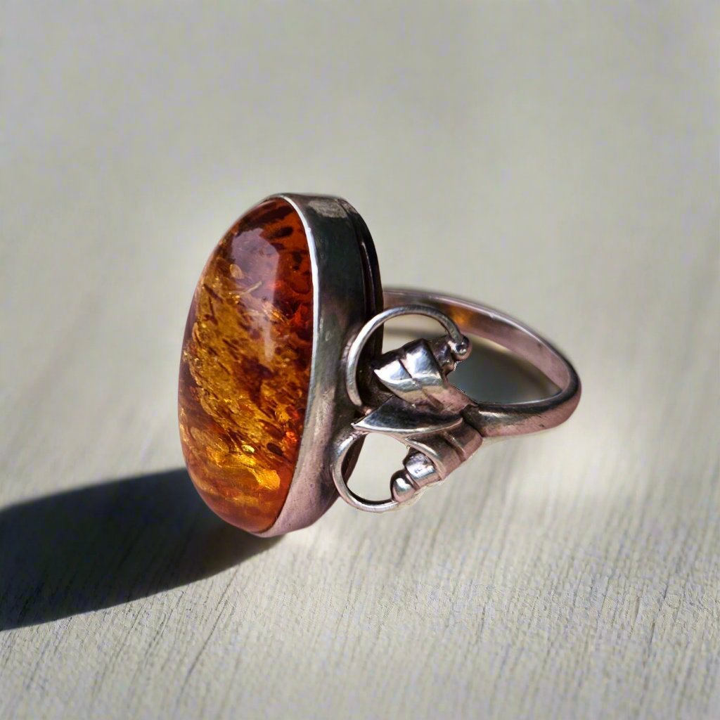 Arts And Crafts Amber Ring Sterling Silver Antique Jewellery