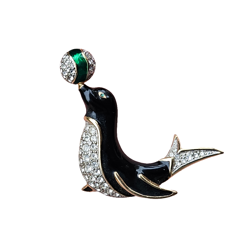 Cute Seal Brooch Circus Enamel Pin Gold Crystal Black Green