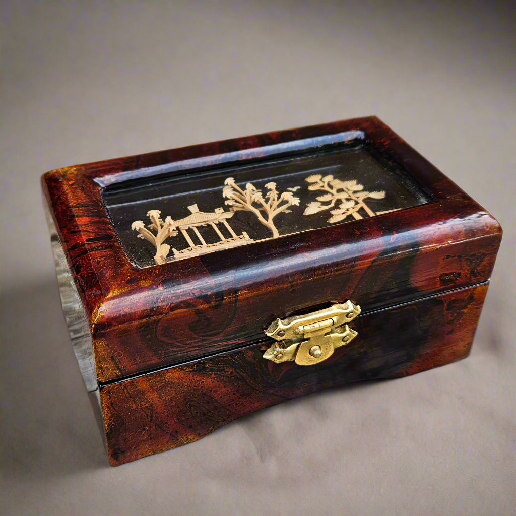 Oriental Lacquer Box Carved Cork Pagoda Scene Great Condition