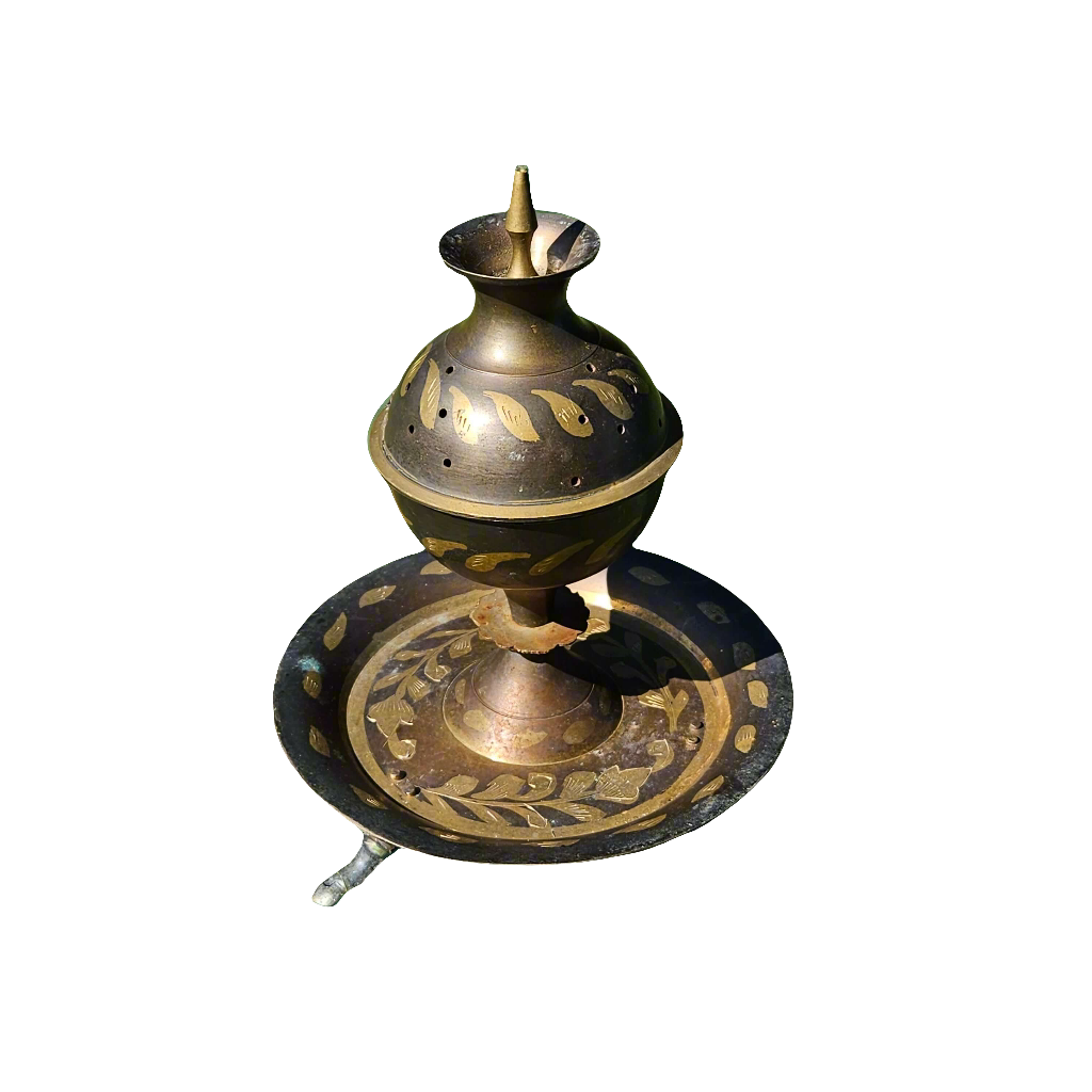 Old Brass Incense Stick Cone Burner Tripod Etched Design Indian Vintage