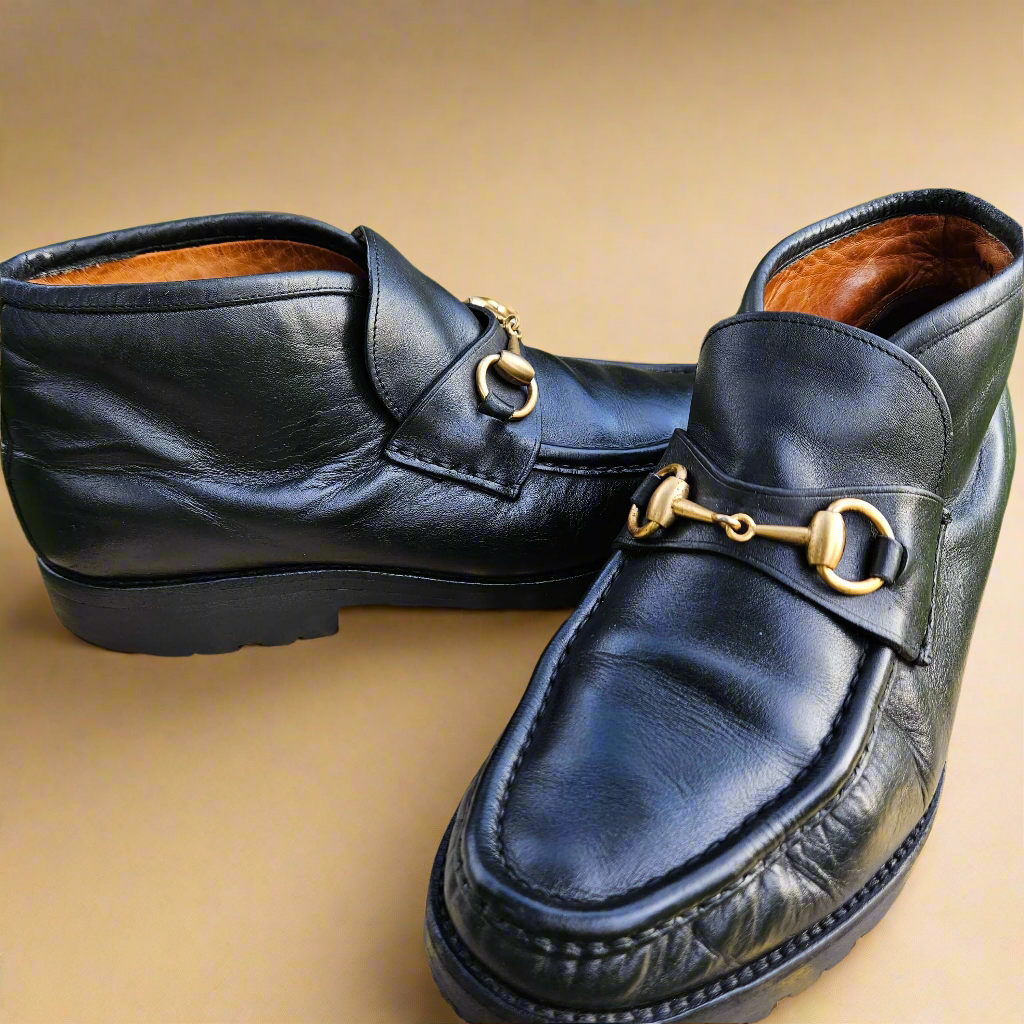 Genuine Gucci Ankle Boots Horsebit Vintage Shoes Black Leather Size 39