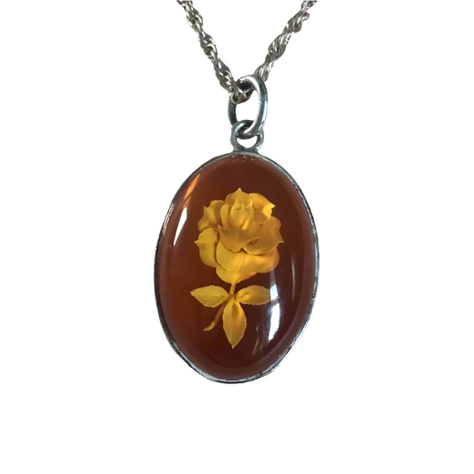 Sterling Silver Amber Rose Necklace Reverse Carved Pendant