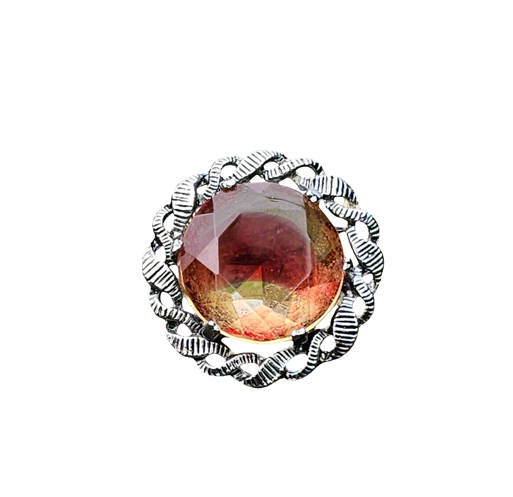 Celtic Style Vintage Glass Cabouchon Silver Tone Brooch