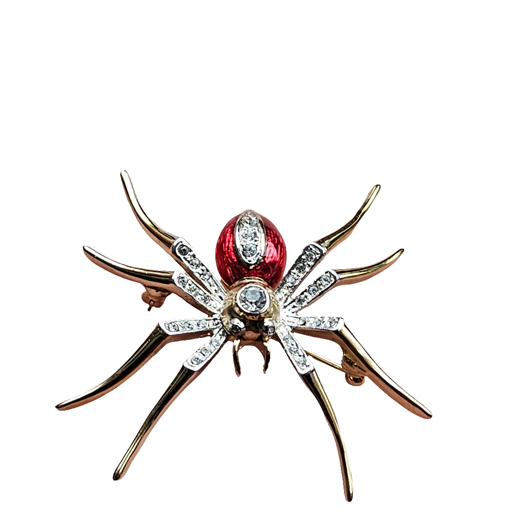 Vintage Enamel Spider Brooch Red Gold Pin Insect Jewellery Crystal