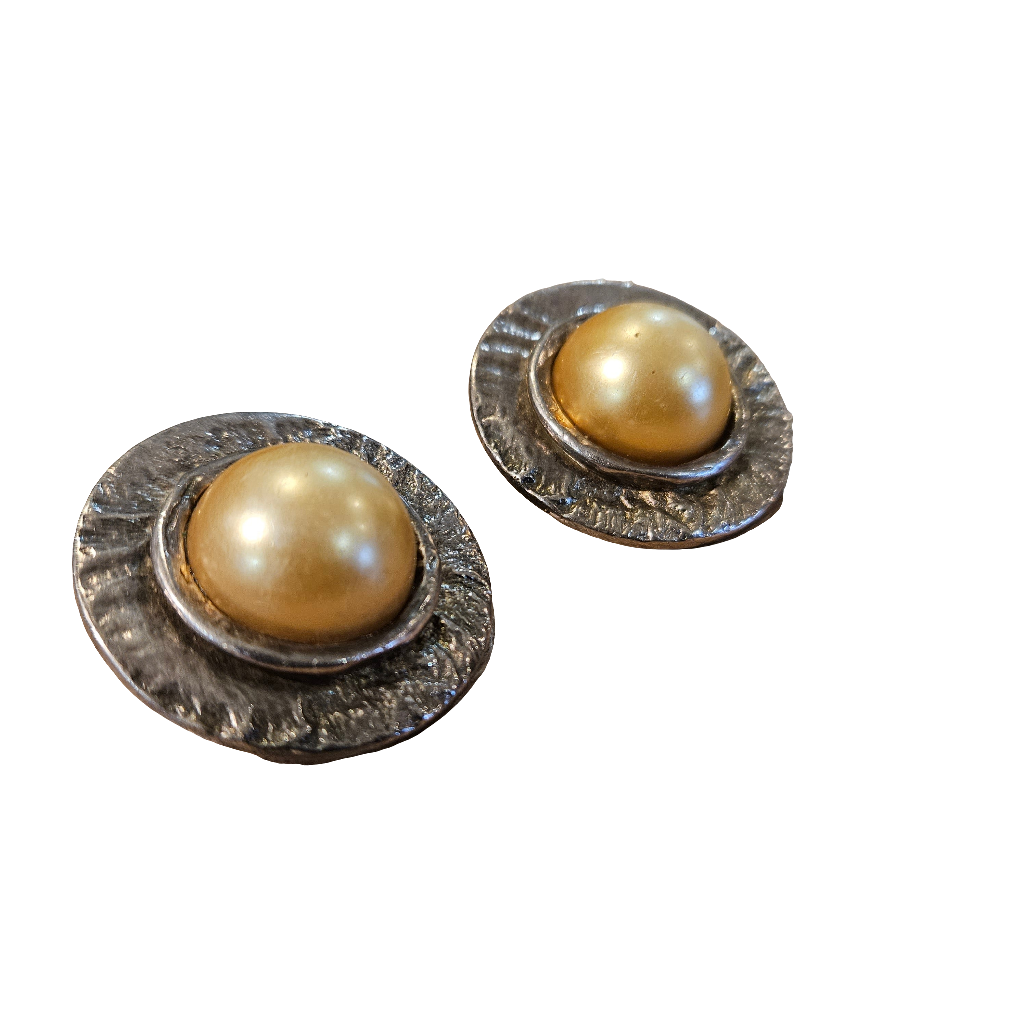 Large Silver Clip On Earrings Gold Pearl Cabochon Vintage Jewellery Jewelry 70s 80s