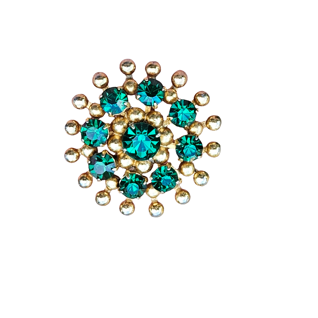 Emerald Green Rhinestone Brooch 1950s Glam Gold Tone Vintage