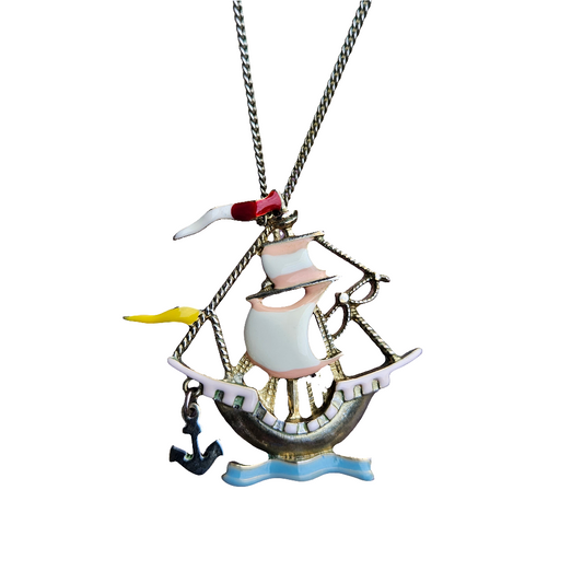 Enamel Pirate Ship Necklace Galleon 60s Cute Jewellery Pendant