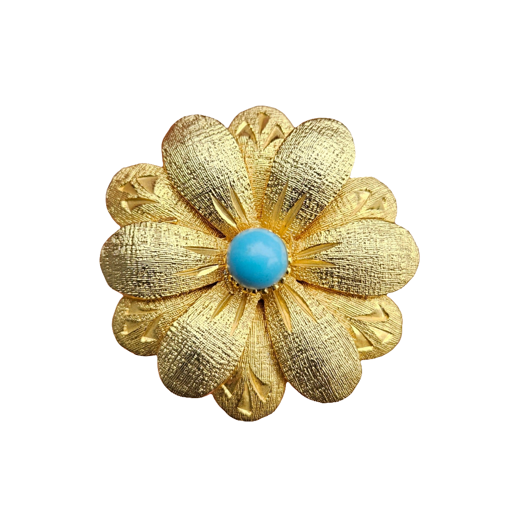 Vintage Matte Gold Turquoise Flower Brooch Designer Pin Numbered