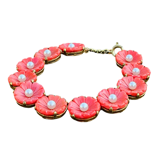 Cute Coral And Pearl Vintage Bracelet Gold Tone Flower Jewellery