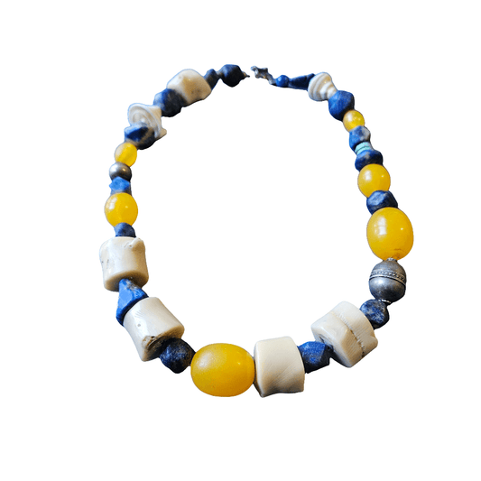 Carved Lapis Lazuli Bone Turquoise Necklace Ethnic 19th Century