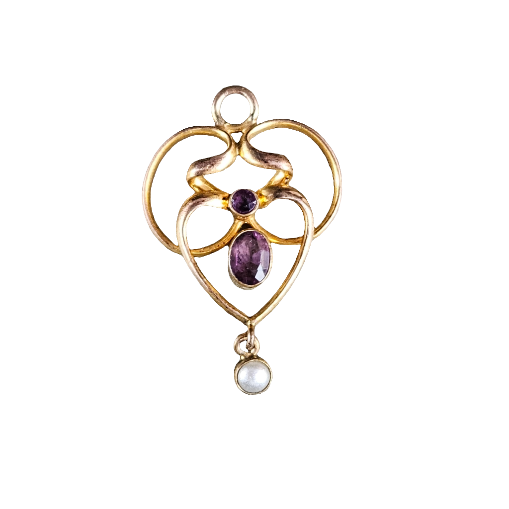 Art Nouveau Pendant Gold Plated Amethyst And Pearl Drop