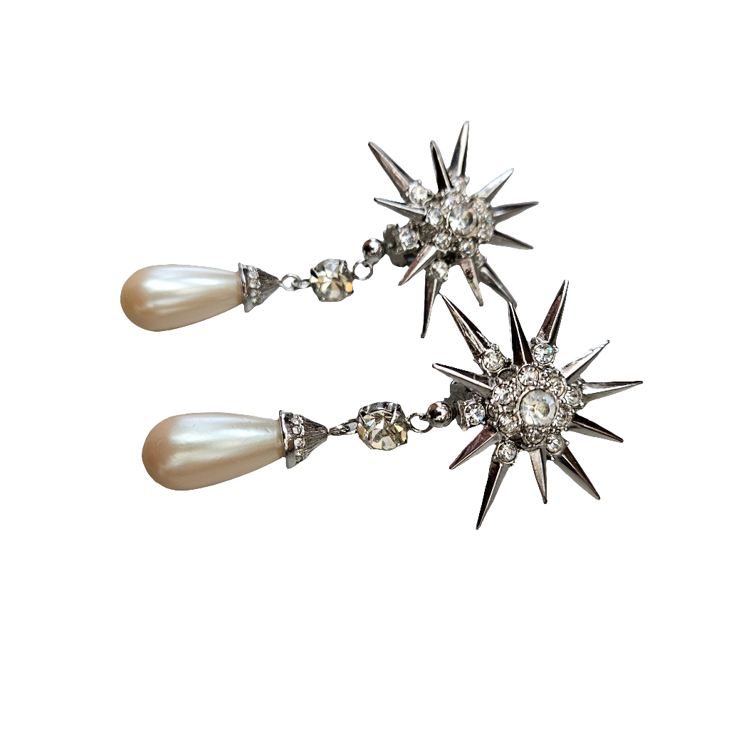 2 Piece Night And Day Butler Earrings Clip On Studs Pearl Drop Dangle Starburst Atomic