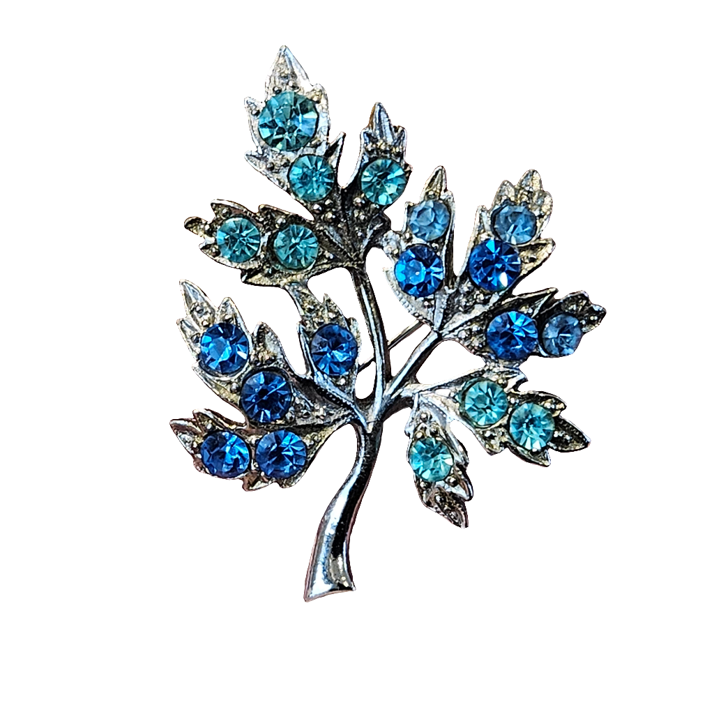 Rhinestone Brooch Blue Leaf Shiny 60s Vintage Pin Jewellery Jewelry