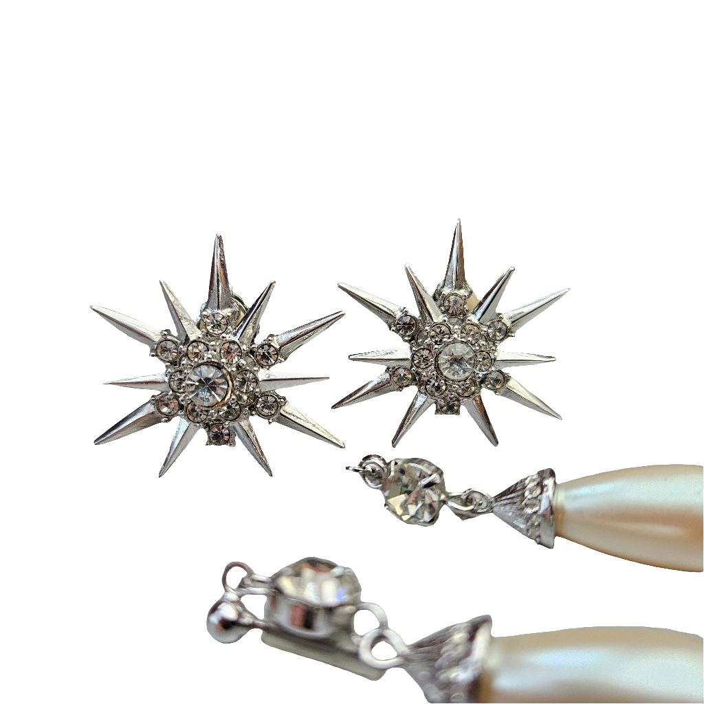 2 Piece Night And Day Butler Earrings Clip On Studs Pearl Drop Dangle Starburst Atomic