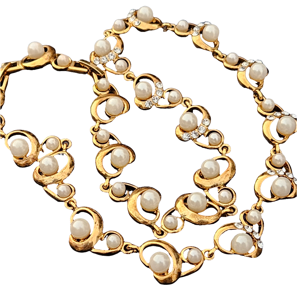 Beautiful Vintage Pearl Diamante Necklace Gold Statement Jewellery 80s