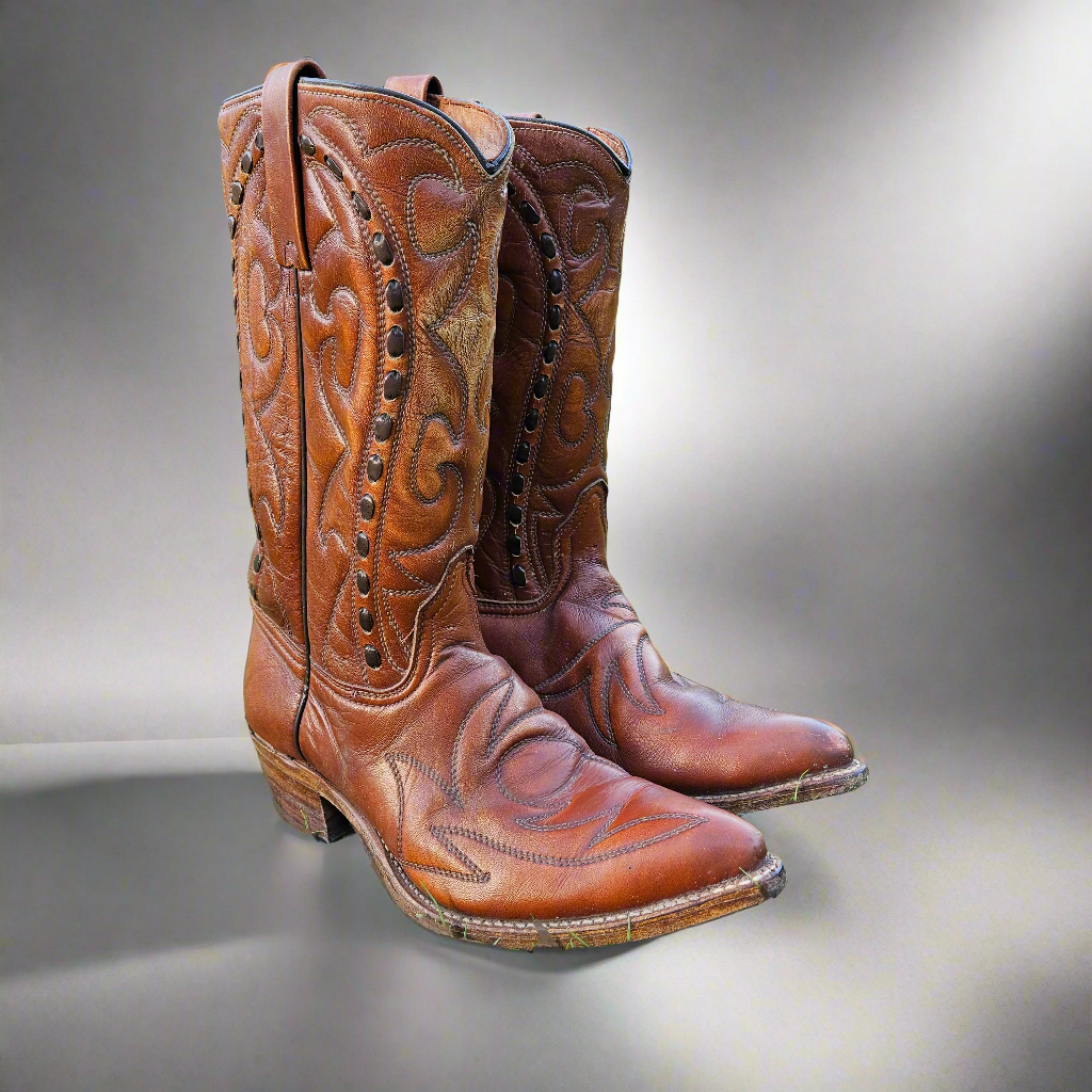 Genuine Cowboy Boots American Vintage Shoes Brown Leather Size 8D