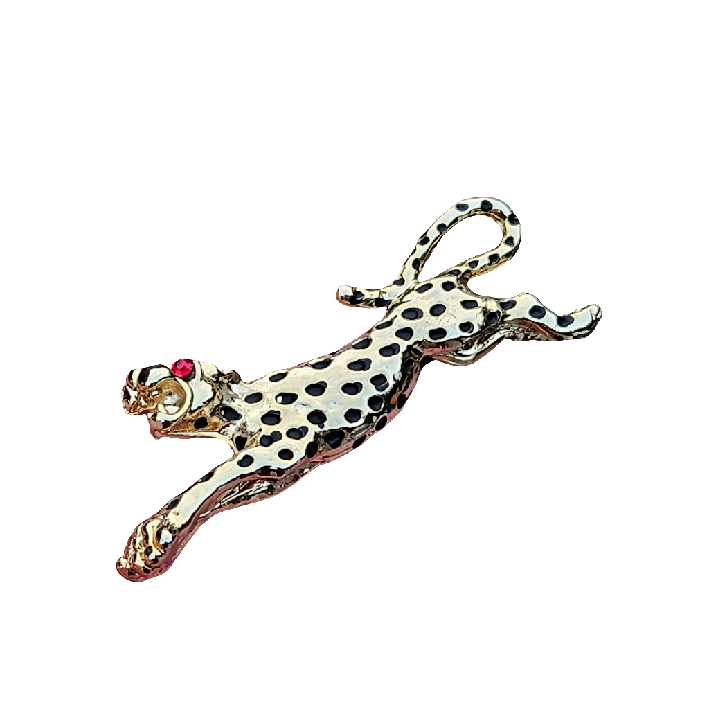 Glam 80s Leopard Brooch Gold Rhinestone Costume Jewellery Jewelry