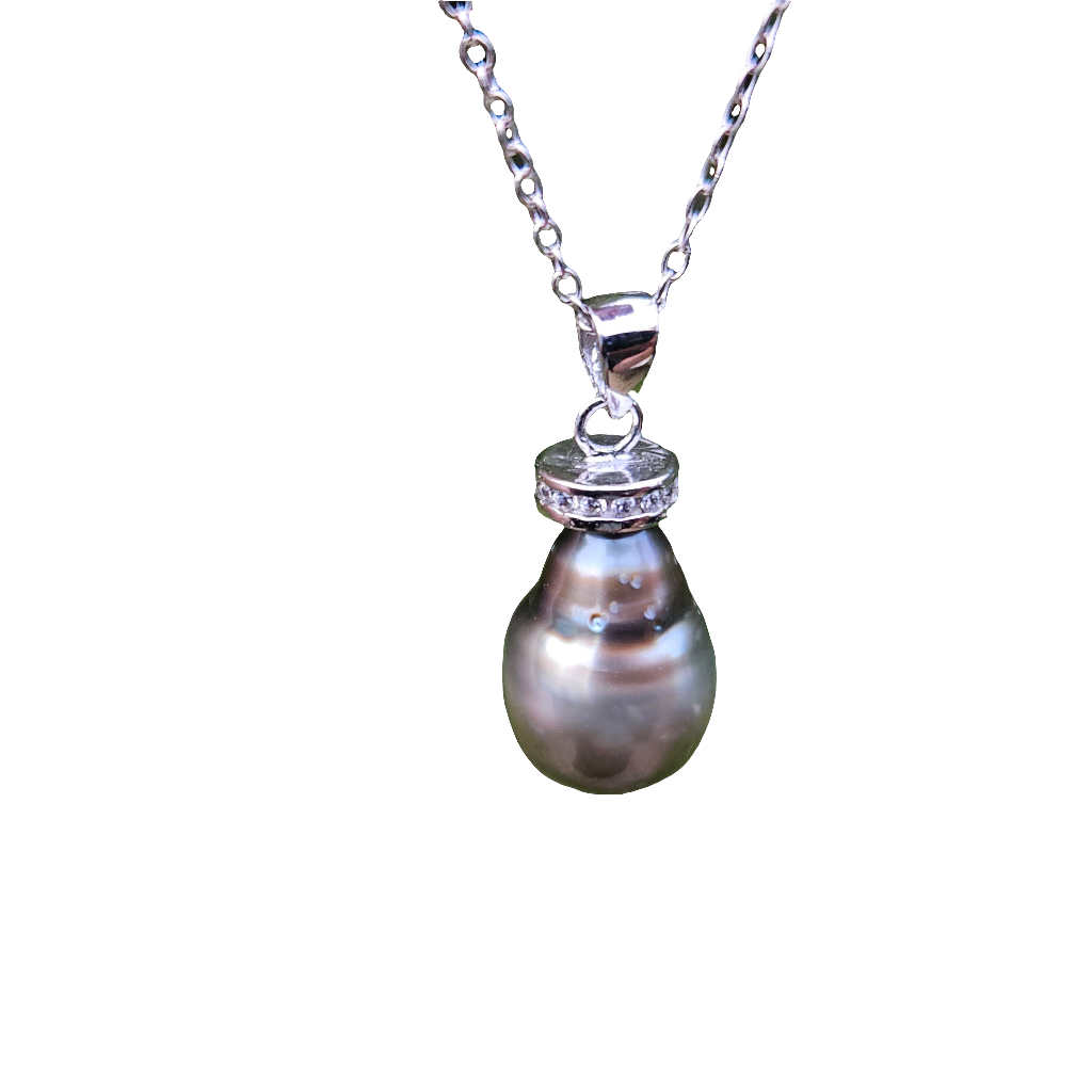 Tahitian South Sea Pearl Necklace Pendant With Crystal Halo Stunning Vintage Jewelry