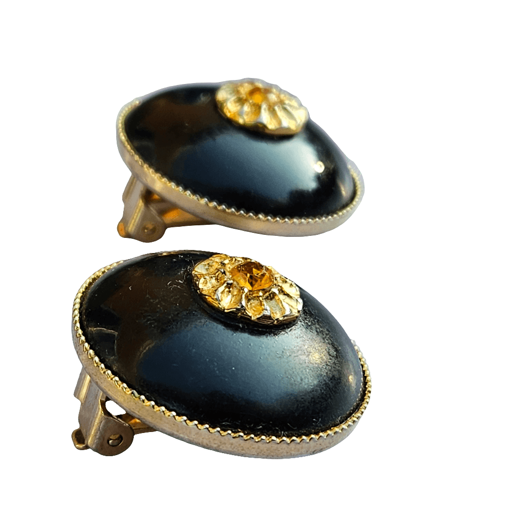 Antique Clip On Earrings Citrine Gold Black Dome Vintage Jewellery Jewelry