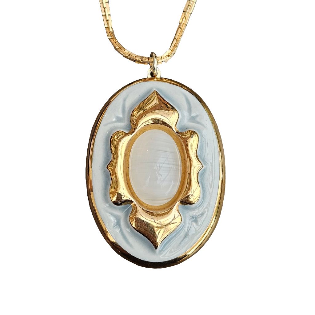 Cute Vintage Pendant Necklace Ceramic Hand Painted Gold Plated