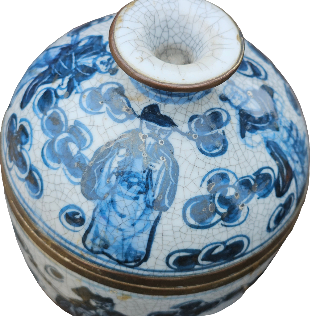 Chinese Blue And White Porcelain Vase Shape Jar Brass Old Trinket Urn