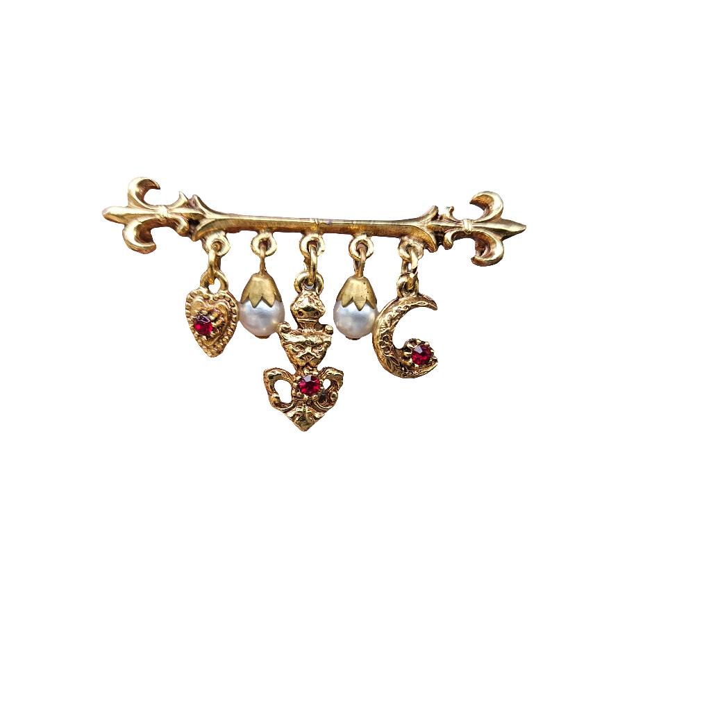 Vintage Florenza Charm Bar Brooch Gold Pearl Red Jewellery Jewelry