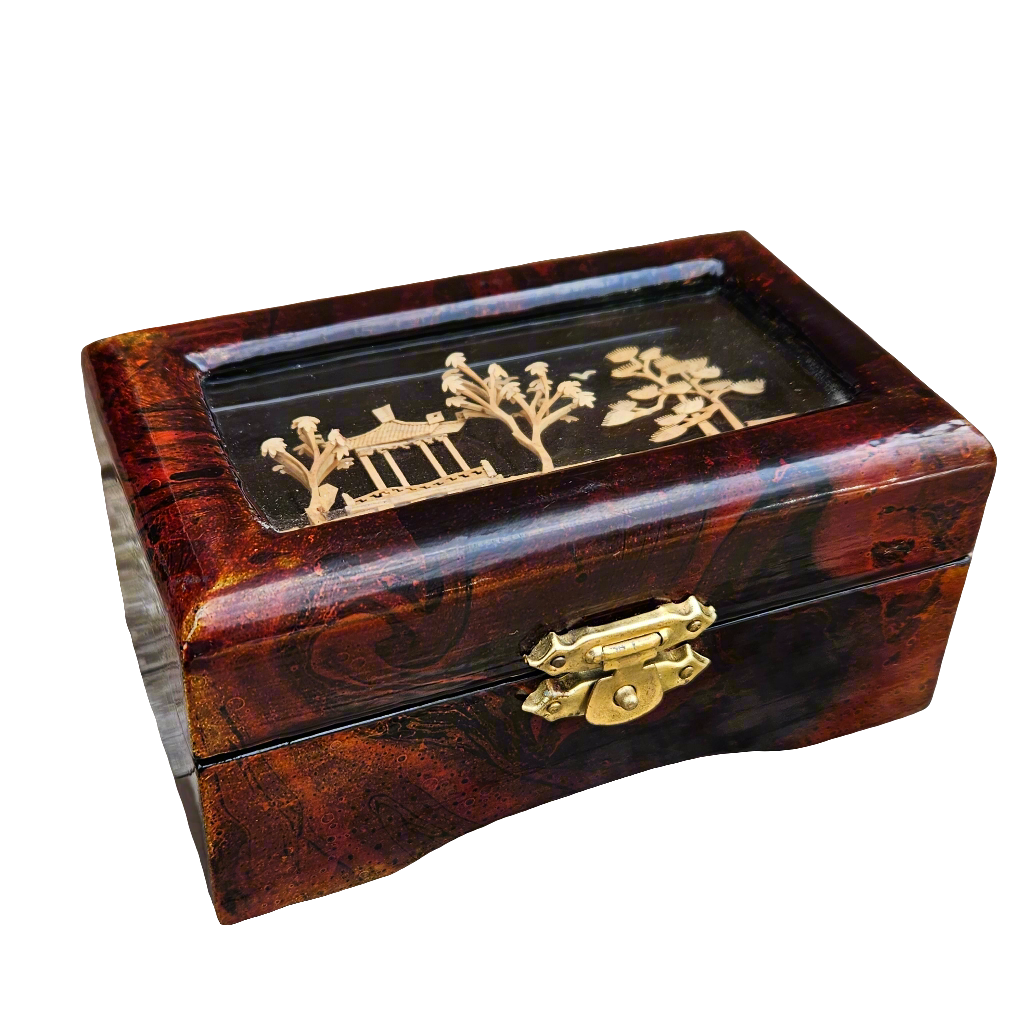 Oriental Lacquer Box Carved Cork Pagoda Scene Great Condition