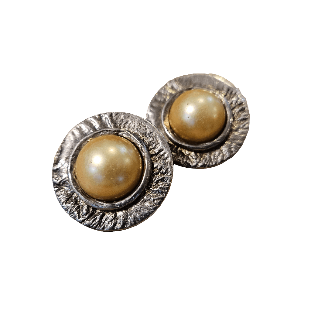 Large Silver Clip On Earrings Gold Pearl Cabochon Vintage Jewellery Jewelry 70s 80s