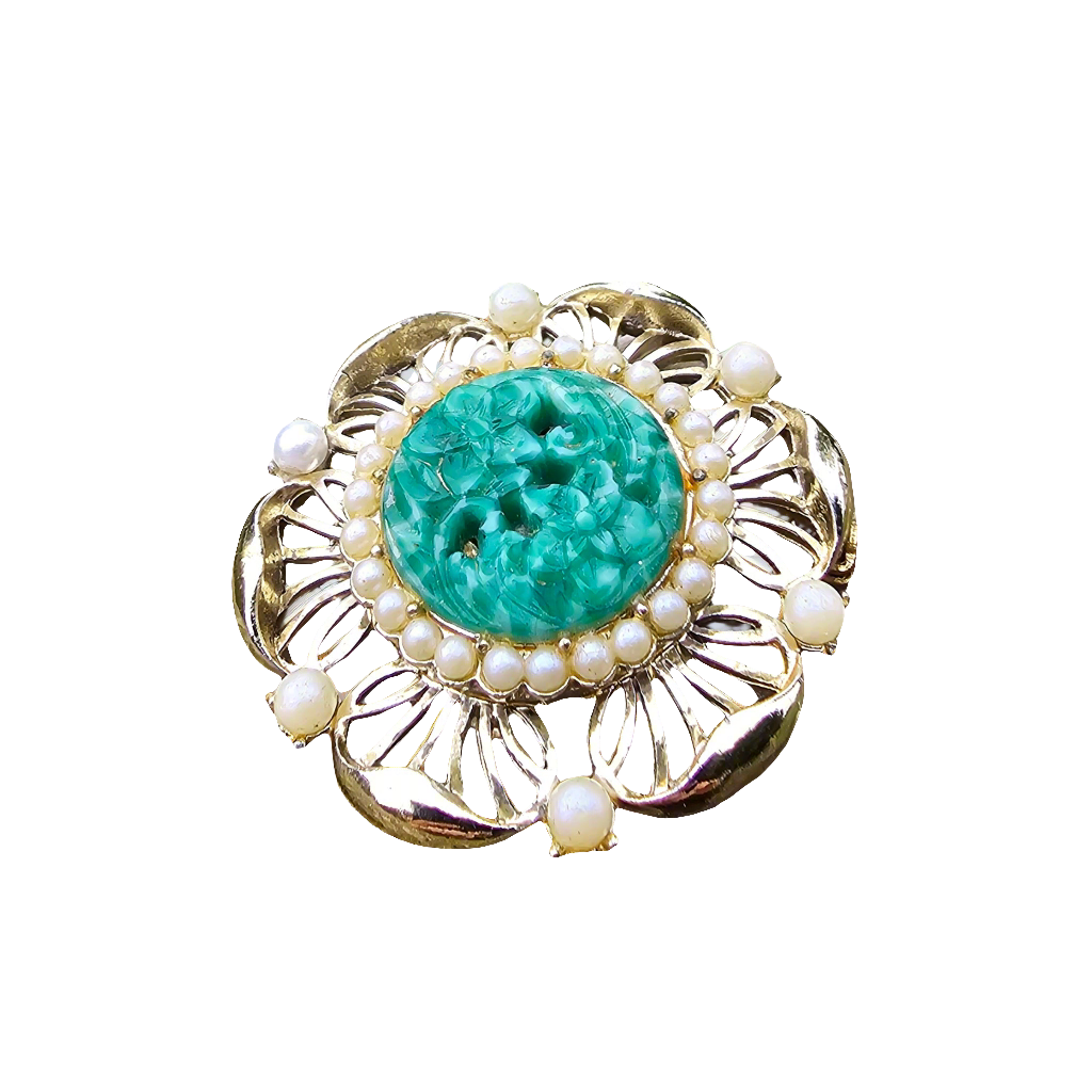 Peking Glass Pearl Brooch Gold Tone Vintage Jewellery Exquisite